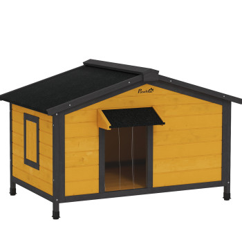 Casa para Perros de Madeira 97x72x65 cm Casa para Animales de Estimación con Teto Asfáltico 2 Ventanas Puerta con Cortina y Base Amovible Madeira