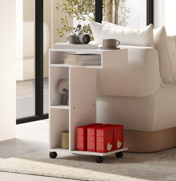 Mesa Auxiliar em Forma de C Mesa Auxiliar para Sofá com Rodas Compartimentos Abertos Mesa Lateral para Sala de Estar Dormitório 40x30x69 cm Branco