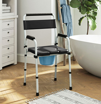 Cadeira Sanita para Pessoas Maiores Dobrável Cadeira com Sanita Altura Ajustável Cubo e Almofadas Antiderrapantes Carga 150 kg 52,5x46x81,5-97 cm Preto