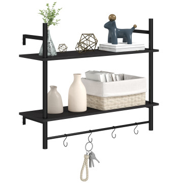 Estante de Parede de 2 Níveis Estante Suspensa Prateleiras de Parede com 4 Ganchos 2 Prateleiras e Estrutura de Metal para Entrada Cozinha Sala de Estar 80x24x65 cm Preto