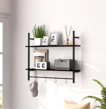 2 Wall Shelf Levels Shelf Sospended Wall Shears with 4 Hooks 2 Shelf and Metal Structure for Entry Kitchen Room 80x24x65 cm Nero