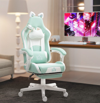 Chaise de jeu avec oreilles Chaise de jeu inclinable avec hauteur réglable Retractable Pieds Support Lombaire et Inmontable Siège de bureau de soutien de la tête 65x62x116-124 cm Bleu