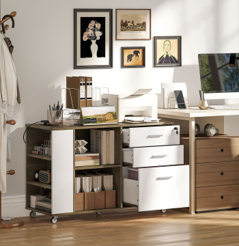 Gabinete Arquírivador de oficina con ruedas móviles para archivos con 3 Gavetas Estación de Carga Cerradura y Prateleiras 100x40x65,5 cm Marrom Acinzentado