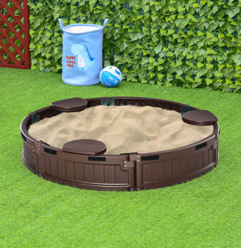 Scatola di sabbia per bambini al di sopra di 3 anni Scatola di sabbia per bambini rotonda con copertura e sedili Sabbia Box per bambini dell'outer Ø123x22.5 cm Marrone
