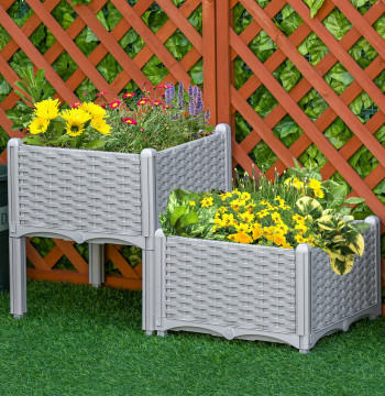 Conjunto de 2 Floreiras Quadradas Floreiras para Flores e Vegetais com Orifícios de Drenagem e Pés Altos 40x40x26-44cm Cinzento