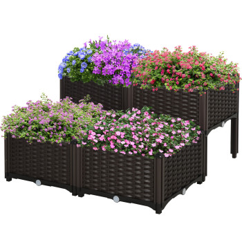 Conjunto de 4 Floreiras Quadradas Floreiras para Flores e Vegetais com Orifícios de Drenagem e Pés Altos 80x40x26-44 cm Marrom