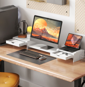 Support de moniteur réglable Angle et Longueur 2 tiroirs de bureau Support de moniteur Portable 60-116x22x12 cm Blanc