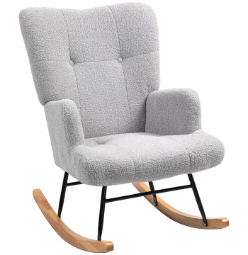 Poltrona Baloiço em Borrego Poltrona para Amamentação com Encosto Capitonê e Base de Madeira de Borracha Carga 120 kg Poltrona para Sala de Estar Dormitório 65x88x87 cm Cinza Claro