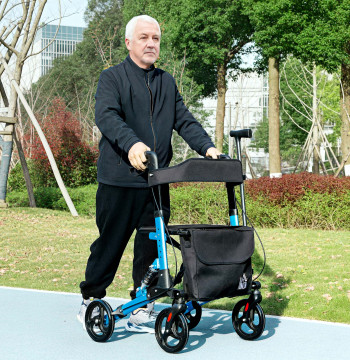 Marcheur vieilli Pliant Aluminium Walker pour les personnes plus grandes avec siège et 4 roues Roue avec la hauteur réglable Frein et sac de transport 66x65x80-93 cm noir et bleu