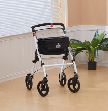 Marcheur pour marcheur en aluminium pliable pour personnes plus grandes avec 4 roues et marcheur de plateau avec frein en hauteur réglable et sac de transport 64.5x54x90-102 cm Noir et blanc