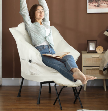 Poltrona Sala de Estar com Apoio para os Pés Poltrona Relax para Leitura com Bolsos Laterais e Pés de Aço para Sala de Estar Dormitório 80x78x100 cm Creme