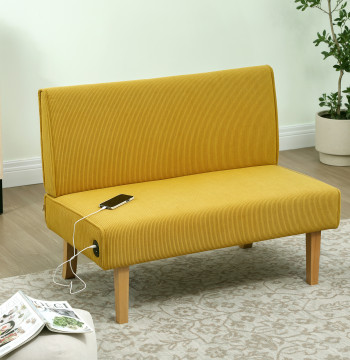 Sofá de 2 Lugares Estofado em Veludo Cotelê Sofá Sala de Estar sem Apoio para os Braços com 2 Entradas USB 1 Entrada Tipo C e Pés de Madeira Sofá Pequeno Carga 240 kg 110x60x85 cm Amarelo
