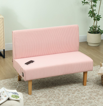Sofá de 2 Lugares Estofado em Veludo Cotelê Sofá Sala de Estar sem Apoio para os Braços com 2 Entradas USB 1 Entrada Tipo C e Pés de Madeira Sofá Pequeno Carga 240 kg 110x60x85 cm Rosa