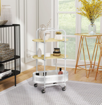 Carrinho Auxiliar com Rodas Carrinho de Cozinha de 3 Níveis Carrinho de Armazenamento com Cesta e Prateleiras Carga 30 kg para Sala de Jantar Sala de Estar 49,5x32,5x82,5 Branco e Madeira