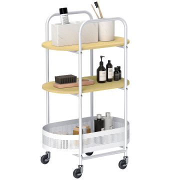 Carrinho Auxiliar com Rodas Carrinho de Cozinha de 3 Níveis Carrinho de Armazenamento com Cesta e Prateleiras Carga 30 kg para Sala de Jantar Sala de Estar 49,5x32,5x82,5 Branco e Madeira