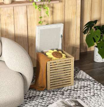 Banca di stoccaggio per Dorm 57.7L Sedile con Fissaggio Rivestito in Flax Sintetico con Struttura Bamboo per Ingresso Camera 40x40x47 cm Grigio e Legno