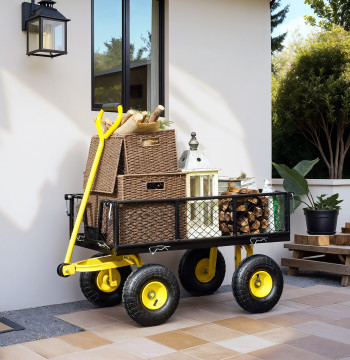 Cargo Garden Panier 200 kg Panier de plage avec panneaux latéraux inmontables Guide pivotant 180° et 4 grandes roues en caoutchouc noir et jaune