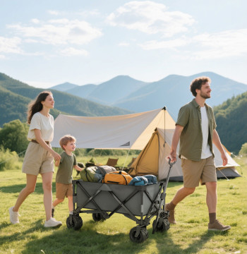 Car pieghevole con ruote girevoli a 360° e Guider regolabile 59-89 cm per Campeggio Beach 108x55x61-91 cm Grigio scuro