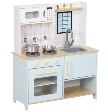 Cozinha de Madeira para Crianças acima de 3 Anos Cozinha de Brincar Infantil com Som Fogão Lavatório Micro-Ondas e Acessórios Azul