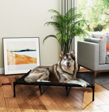 Letto per animali domestici Letto alto per cani da gatto con tessuto traspirante per il sonno Relax all'esterno Terrazza giardino 122x92x23 cm Nero