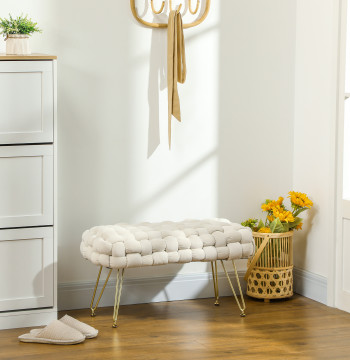 Apoio para os Pés Sala de Estar Apoio para os Pés em Veludo com Pés de Metal e Assento Acolchoado para Dormitório Entrada 76x38x41,5 cm Creme