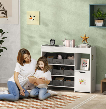 Organizador de Brinquedos para Crianças Organizador Infantil com 9 Cestos Amovíveis Compartimentos e Autocolantes para Escola Infantil Sala de Jogos 92x30x80 cm Branco e Cinza