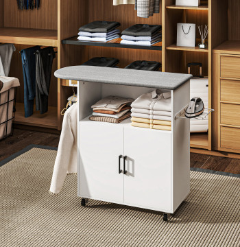 Móvel de Engomar a Ferro com Rodas Móvel de Passar a Ferro com Barra para Pendurar Roupa Estante Aberto e Tábua de Passar 125x43,5x102,5 cm Branco