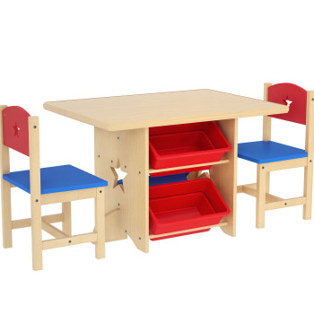Mesa e Cadeiras para Crianças de 3 Peças Mesa Infantil com 2 Cadeiras e 4 Cestos de Arrumação Conjunto de Móveis para Crianças acima de 3 Anos para Sala de Jogos Madeira