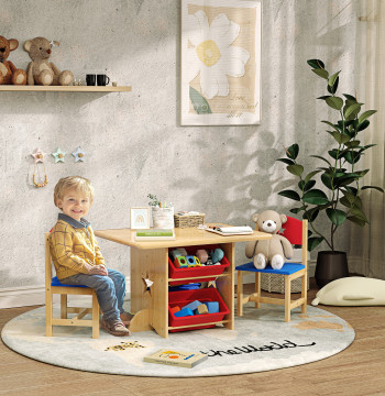 Mesa e Cadeiras para Crianças de 3 Peças Mesa Infantil com 2 Cadeiras e 4 Cestos de Arrumação Conjunto de Móveis para Crianças acima de 3 Anos para Sala de Jogos Madeira
