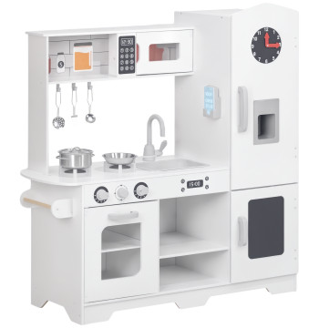 Cozinha de Madeira para Crianças acima de 3 Anos Cozinha Infantil com Fogão Lavatório Micro-Ondas Relógio Máquina de Gelo e Acessórios 100,5x41x110 cm Branco