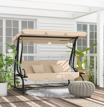 Banco Baloiço di Giardino Baloiço da Esterno con 3 Posti 2 in 1 Banco Baloiço con Tettoia Regolabile Vassoi Laterali e Cuscini per Veranda Patio Carico 340 kg 200x120x164 cm Beige