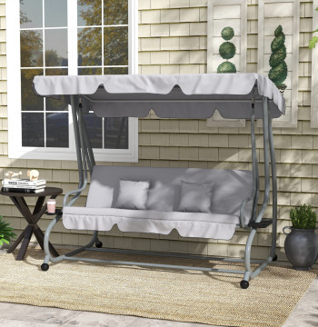 Banco Baloiço de Jardim Banco Baloiço de 3 Lugares Baloiço de Jardim Convertível em Cama com Toldo Ajustável Suportes Laterais e 2 Almofadas Carga 340 kg 200x120x164 cm Cinza