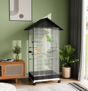 Gaiola para pájaros con Ruedas, 79x65x155 cm, Gaiola Grande con 2 Comedouros, 8 Poleiros, 4 Puertas y Bandeja Removible, Design do Teto, Viveiro para Tentillones y Canarios, Negro