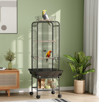 Gaiola para Pássaros Gaiola para Papagaios com Rodas Poleiros Comedouros Prateleira e Bandeja Amovível Gaiola para Cacatuas 62,5x62,5x146 cm Cinza Escuro