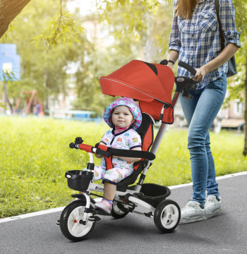 Triciclo para bebés Dobrable Triciclo Evolutivo 2 en 1 para niños de 12-60 Meses con Capota Dobrable Guíador Telescópico Apoyo a los Pés Cinto de Seguridad y Cesto 112x50x104 cm Rojo