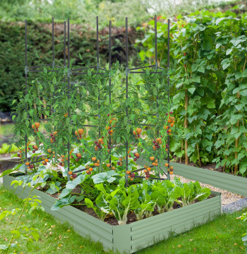 Ensemble de 3 détenteurs de plantes Pantoufles avec structure en acier Tour Trellis pour plantes Fleurs de fruits verts Décoration extérieure 38x38x182 cm vert