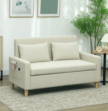 Canapé 2 Places Rembourrage en Espagne Canapé synthétique Salon avec 2 Oreillers Espace de rangement et pieds en bois Canapé Petit chargement 240 kg 135x72x84 cm Beige