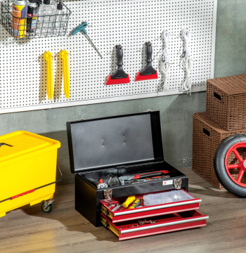 Caixa de Ferramentas de Aço com 2 Gavetas Tampa Abatível e Fechaduras Metálicas Mala de Ferramentas Portátil para Oficina Bricolage Casa 46x24x22 cm Preto e Vermelho