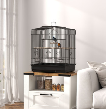 Cage pour oiseaux 46,5x36x59 cm Cage métallique pour oiseaux avec portes 2 Feeders 2 Poles Baloço Tray Amovible et Transport Capture pour Canary Periquito Black