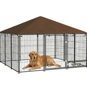 Parc pour chiens avec auvent en chenil extérieur avec support pivotant pour la nourriture 2 inclus Tiges 211x211x151 cm Brun noir