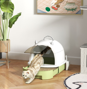 Caja de arena para gatos cerrada Caja de arena para gatos con Tampa y Bandeja Amovible Filtro de Carbón y Pá 40,5x52x39 cm Blanco y Verde