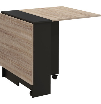 Mesa de cocina plegable Mesa de Madera con 2 Estantes de almacenamiento y ruedas para cocina 75x140x74 cm Negro y Madeira