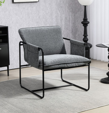 Poltrona Sala de Estar com Apoio para os Braços Bolso Lateral e Estrutura de Aço Poltrona para Dormitório Sala de Estar Carga 120 kg 68x76x81 cm Cinza