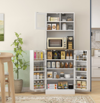 Armário de Cozinha Armário Alto de Cozinha Móvel Auxiliar de Cozinha com 3 Portas Prateleiras Ajustáveis e Prateleiras na Porta para Sala de Jantar 60x35x169 cm Branco