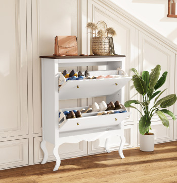 Móvel Sapateira Estilo Francês Sapateira de Entrada com 2 Gavetas Prateleiras Ajustáveis para 16 Pares de Sapato Sapateira Estreita para Corredor 84x29x109 cm Branco
