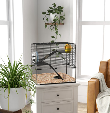 Cage Rodent pour hamster petit avec des plates-formes de fond en verre Bebedour House Rampes et roue d'exercice 60x40x54.5 cm noir