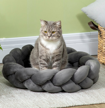 Cama para Cães Pequenos Cama para Gatos Lavável Cama para Animais de Estimação Redonda com Almofada Independente e Corda de Algodão 55x55x14 cm Cinza