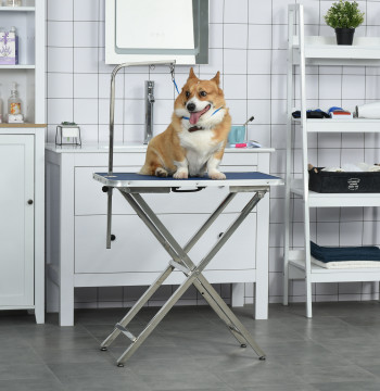 Mesa de Tosquia para Animais de Estimação Mesa de Tosquia para Cães com Bancada Antiderrapante Pés Dobráveis de Aço Inoxidável Alça e Braço com Altura Ajustável 72x45x74-81 cm Azul