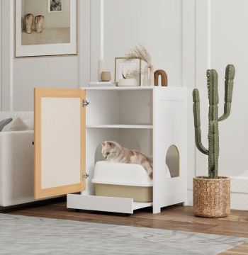 Scatola di sabbia per gatti mobili Sand Box per gatti con ruote a scomparto estraibile per Tappeto a Scratch Box e Sabbia per gatti per interni 57x50x80.5 cm Bianco e Legno