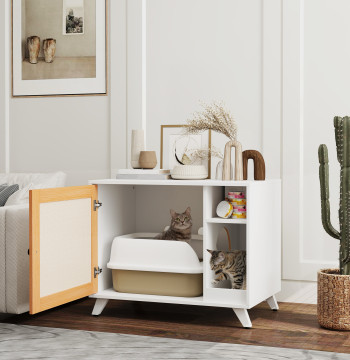 Boîte à sable pour chat mobile Boîte à sable pour chat avec porte pour tapis et compartiment Boîte à sable pour chat pour salon dorme 77x50x63 cm blanc